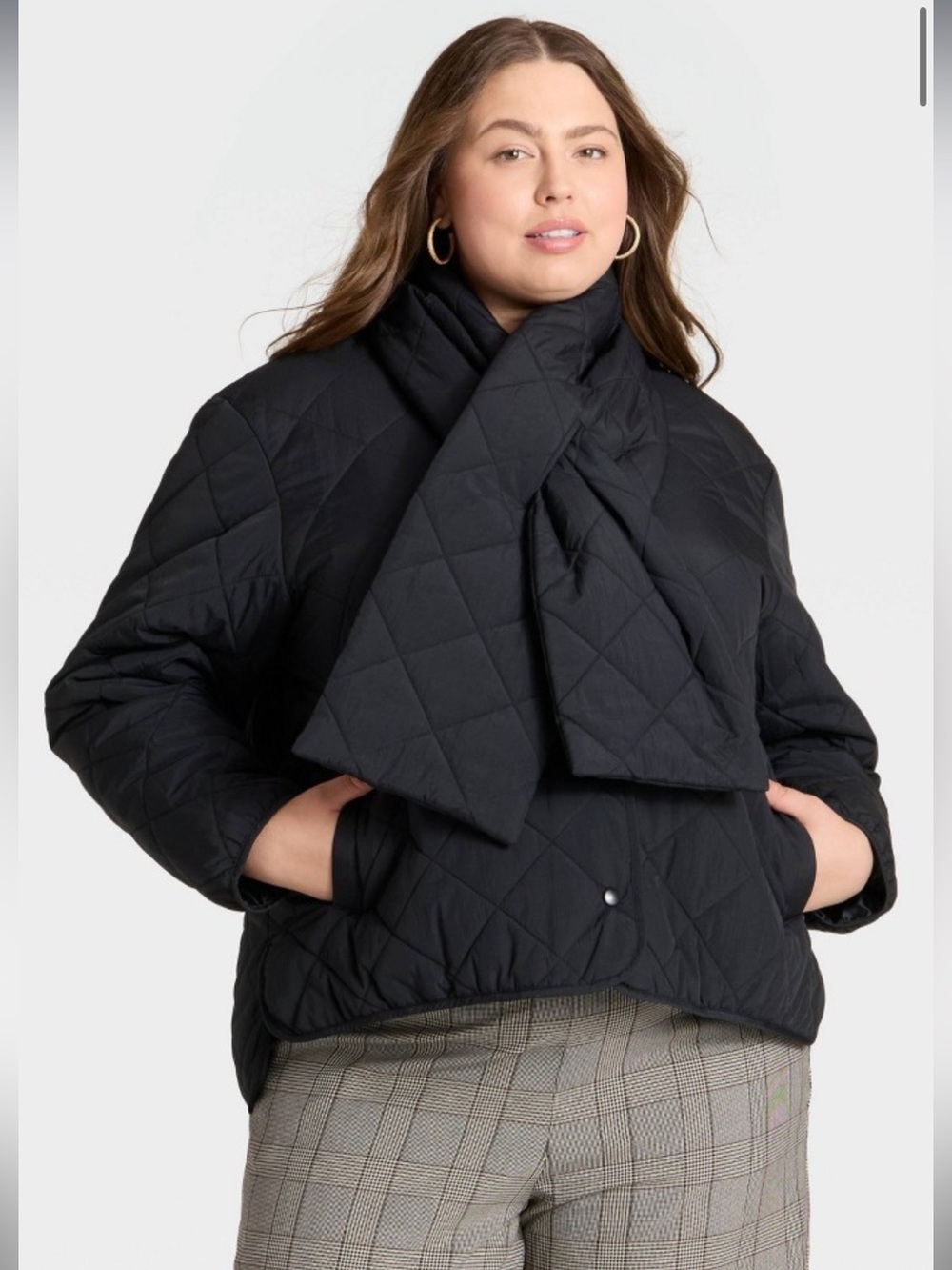 a new day Black Quilted Puffer Jacket with Built-In Scarf